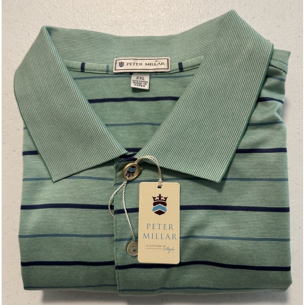 Peter‎ Millar Men's XXL Cotton Navy/Green Striped Short Sleeve Polo Shirt NEW
